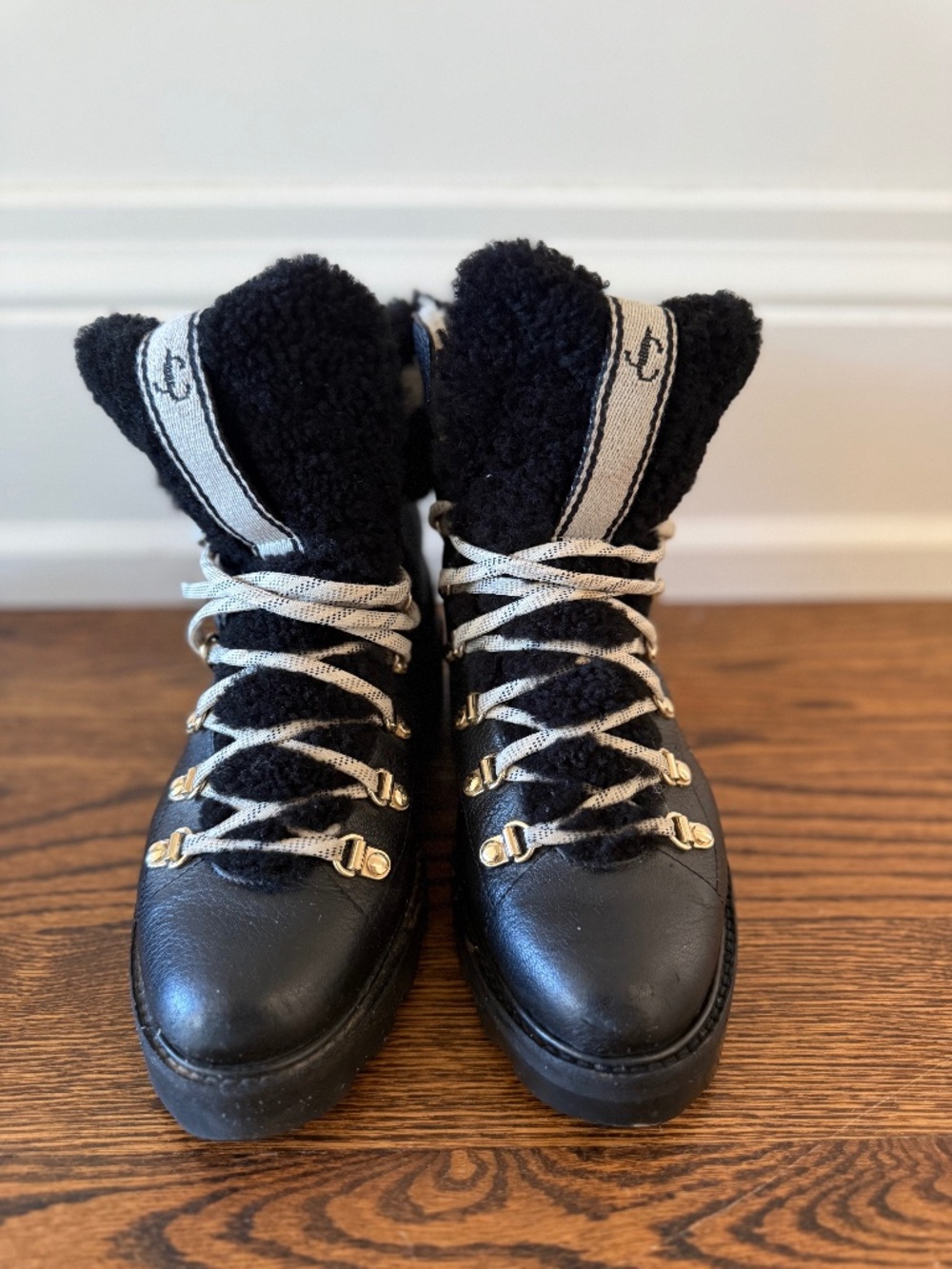 Jimmy Choo Eshe Black Leather Shearling Hiking Boots | Size 39